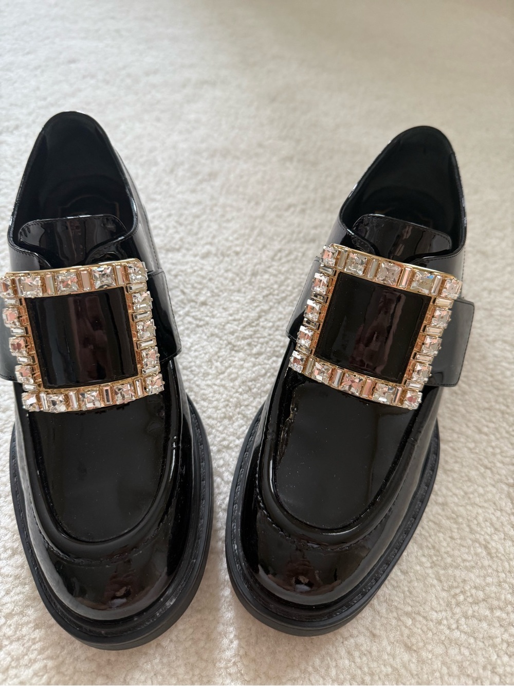Roger Vivier Black Patent Leather Loafers with Swarovski Crystal Buckles
